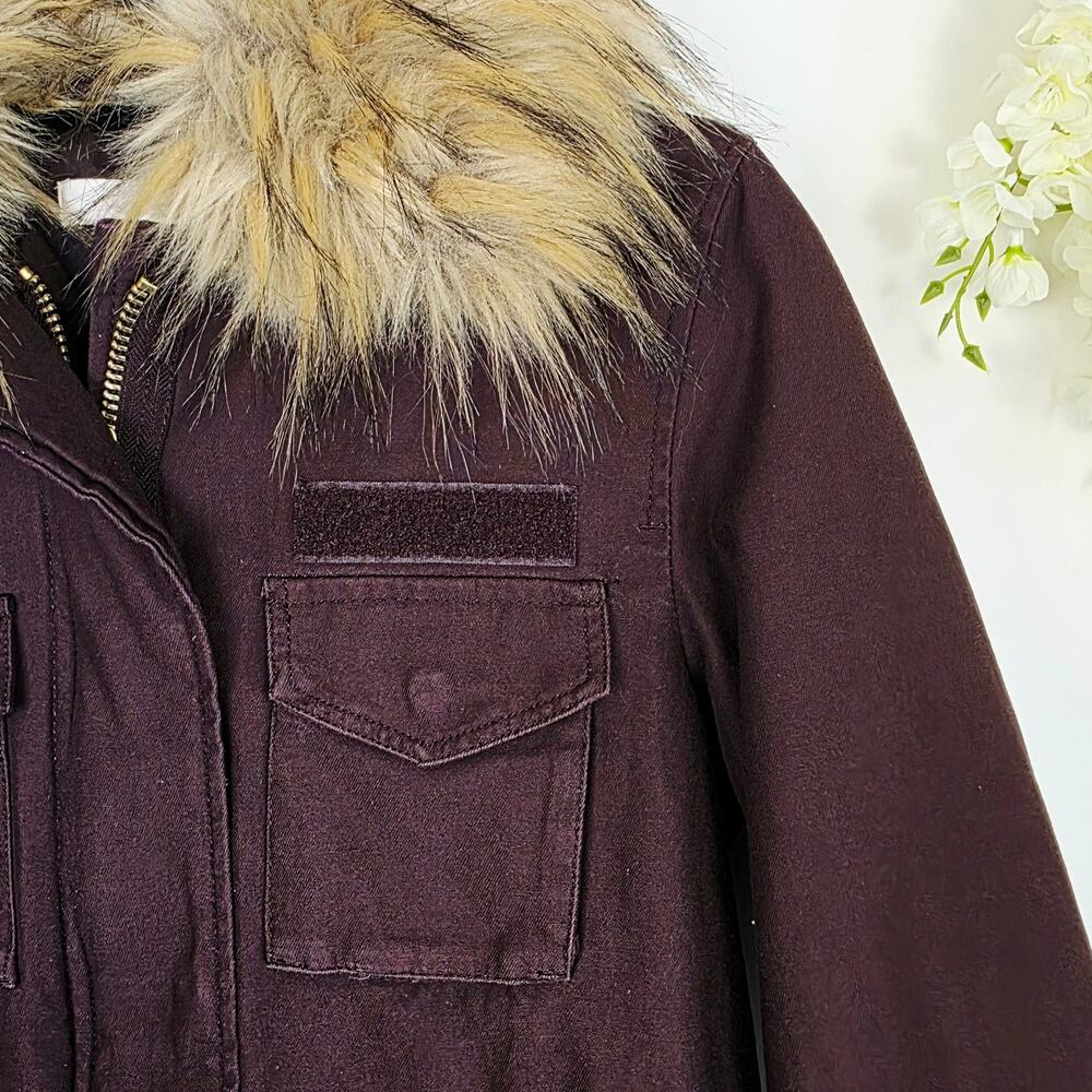 H&M Utility Coat Jacket Size 0 Burgundy Removeable Faux Fur Trim Anorak Military - Picture 6 of 12